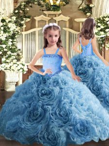 Baby Blue Lace Up Little Girls Pageant Gowns Appliques Sleeveless Floor Length
