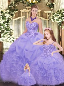Most Popular Sleeveless Floor Length Beading and Ruffles Lace Up Sweet 16 Dress with Lavender