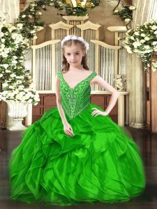 Green V-neck Lace Up Beading and Ruffles Kids Pageant Dress Sleeveless