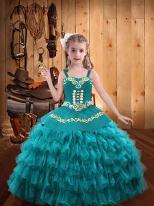 Straps Sleeveless Lace Up Evening Gowns Teal Organza