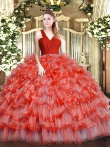 Fabulous Floor Length Coral Red Quince Ball Gowns V-neck Sleeveless Zipper