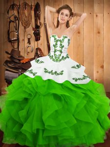 Elegant Strapless Sleeveless Satin and Organza Ball Gown Prom Dress Embroidery and Ruffles Lace Up