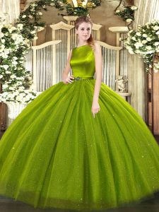 Olive Green Ball Gowns Belt Quinceanera Dress Clasp Handle Tulle Sleeveless Floor Length