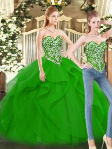 Customized Sweetheart Sleeveless Lace Up Quince Ball Gowns Green Organza