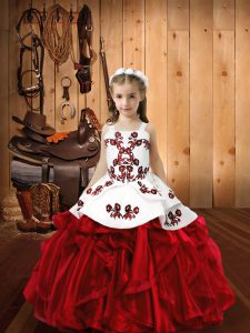 Organza Straps Sleeveless Lace Up Embroidery and Ruffles Glitz Pageant Dress in Wine Red