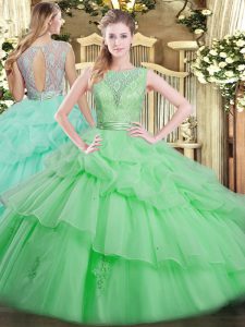 Tulle Scoop Sleeveless Backless Beading and Ruffled Layers Quinceanera Dresses in Apple Green