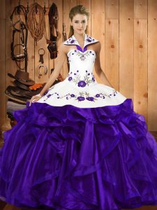 Purple Quinceanera Gown Military Ball and Sweet 16 and Quinceanera with Embroidery and Ruffled Layers Halter Top Sleeveless Lace Up