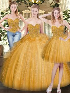 Customized Beading and Ruffles Quinceanera Gown Gold Lace Up Sleeveless Floor Length