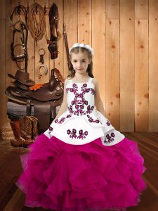Simple Straps Sleeveless Kids Pageant Dress Floor Length Embroidery and Ruffles Fuchsia Organza