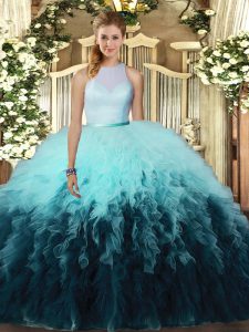 Adorable Multi-color Ball Gowns High-neck Sleeveless Tulle Floor Length Backless Ruffles Ball Gown Prom Dress