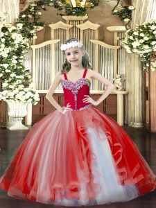 Affordable Sleeveless Floor Length Beading Lace Up Kids Pageant Dress with Red