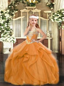 Amazing V-neck Sleeveless Tulle Winning Pageant Gowns Beading and Ruffles Lace Up