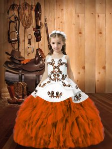 Orange Red Organza Lace Up Girls Pageant Dresses Sleeveless Floor Length Embroidery and Ruffles