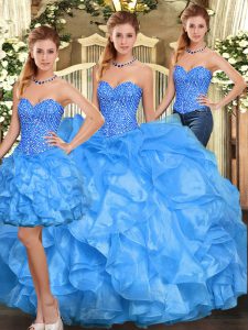 Baby Blue Quinceanera Dress Military Ball and Sweet 16 and Quinceanera with Beading and Ruffles Sweetheart Sleeveless Lace Up