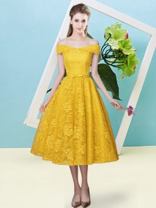 Cute Off The Shoulder Cap Sleeves Lace Up Bridesmaid Dress Gold Lace