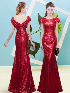 Cap Sleeves Sequined Floor Length Zipper Prom Evening Gown in Wine Red with Sequins