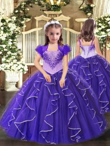 Cute Purple Sleeveless Beading and Ruffles Floor Length Kids Pageant Dress
