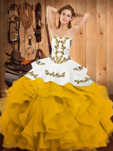 Discount Yellow And White Strapless Lace Up Embroidery and Ruffles Quince Ball Gowns Sleeveless