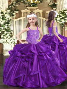 Straps Sleeveless High School Pageant Dress Floor Length Beading and Ruffles Purple Organza