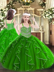 Adorable Green Ball Gowns Beading and Ruffles Kids Formal Wear Lace Up Organza Sleeveless Floor Length