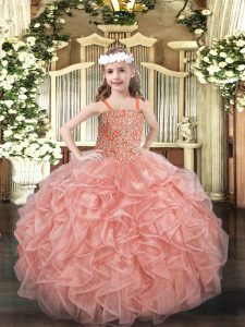 Sleeveless Floor Length Beading and Ruffles Lace Up Little Girl Pageant Gowns with Pink