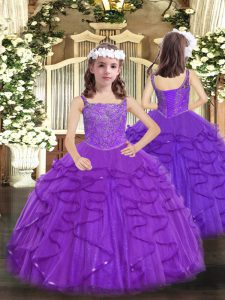Purple Ball Gowns Beading and Ruffles Pageant Gowns For Girls Lace Up Tulle Sleeveless Floor Length