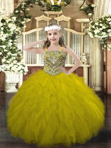 Custom Designed Olive Green Ball Gowns Straps Sleeveless Tulle Floor Length Lace Up Beading and Ruffles Little Girl Pageant Gowns