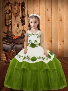 Custom Made Straps Sleeveless Lace Up Little Girl Pageant Gowns Olive Green Organza