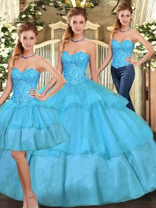 Aqua Blue Sleeveless Floor Length Beading and Ruffled Layers Lace Up Quinceanera Gowns