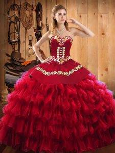 Customized Ball Gowns Ball Gown Prom Dress Wine Red Sweetheart Satin and Organza Sleeveless Floor Length Lace Up
