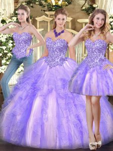 Luxury Lavender Organza Zipper Sweetheart Sleeveless Floor Length Quinceanera Gown Appliques and Ruffles