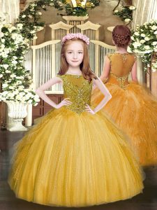 Sleeveless Floor Length Beading and Ruffles Zipper Girls Pageant Dresses with Gold