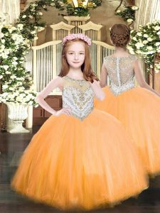Latest Orange Tulle Zipper Scoop Sleeveless Floor Length Little Girls Pageant Dress Beading