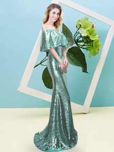 Luxurious Half Sleeves Floor Length Sequins Zipper Evening Dress with Apple Green