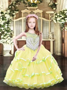 Yellow Organza Zipper Little Girl Pageant Dress Sleeveless Floor Length Beading and Ruffled Layers