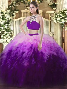 Comfortable High-neck Sleeveless Backless Quinceanera Dresses Multi-color Tulle