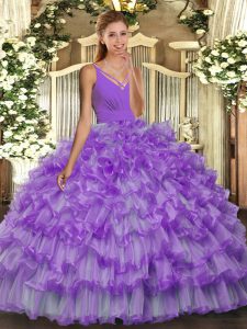 Super Beading and Ruffled Layers Ball Gown Prom Dress Lavender Backless Sleeveless Floor Length