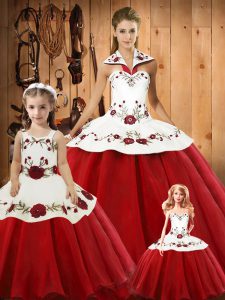 Spectacular Embroidery Sweet 16 Dress Wine Red Lace Up Sleeveless Floor Length