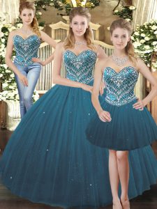 Sleeveless Floor Length Beading Lace Up Quinceanera Dress with Teal