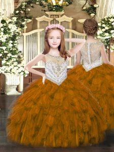 Cute Sleeveless Organza Floor Length Zipper Pageant Dress for Girls in Brown with Beading