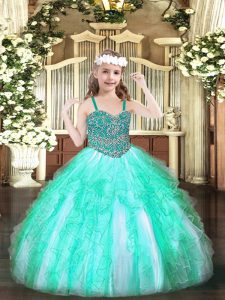 Sleeveless Organza Floor Length Lace Up Pageant Dress Wholesale in Apple Green with Beading and Ruffles