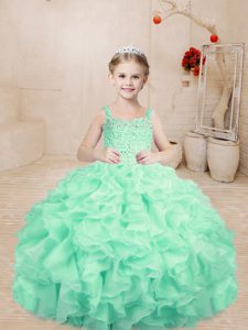 Wonderful Ball Gowns Little Girl Pageant Dress Apple Green Straps Organza Sleeveless Floor Length Lace Up