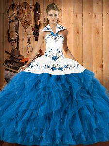 Trendy Teal Quinceanera Dress Military Ball and Sweet 16 and Quinceanera with Embroidery and Ruffles Halter Top Sleeveless Lace Up