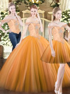 Excellent Orange Red Sleeveless Tulle Lace Up Sweet 16 Dress for Military Ball and Sweet 16 and Quinceanera