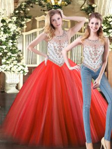 Attractive Coral Red Ball Gowns Scoop Sleeveless Tulle Floor Length Zipper Beading Vestidos de Quinceanera