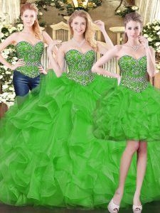 Superior Floor Length Lace Up Vestidos de Quinceanera Green for Military Ball and Sweet 16 and Quinceanera with Beading and Ruffles