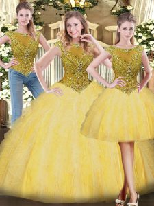 Modern Tulle Scoop Sleeveless Zipper Beading and Ruffles Quinceanera Gown in Gold