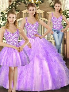 Stunning Lilac Organza Lace Up Straps Sleeveless Floor Length Quinceanera Gowns Beading and Ruffles