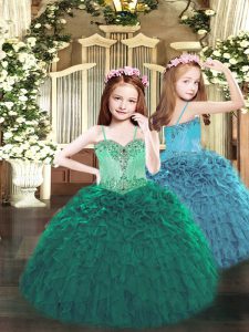 Dark Green Spaghetti Straps Lace Up Beading and Ruffles Pageant Gowns For Girls Sleeveless