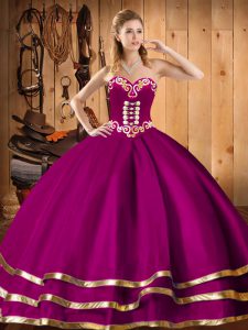 Traditional Fuchsia Organza Lace Up Sweetheart Sleeveless Floor Length Sweet 16 Dresses Embroidery
